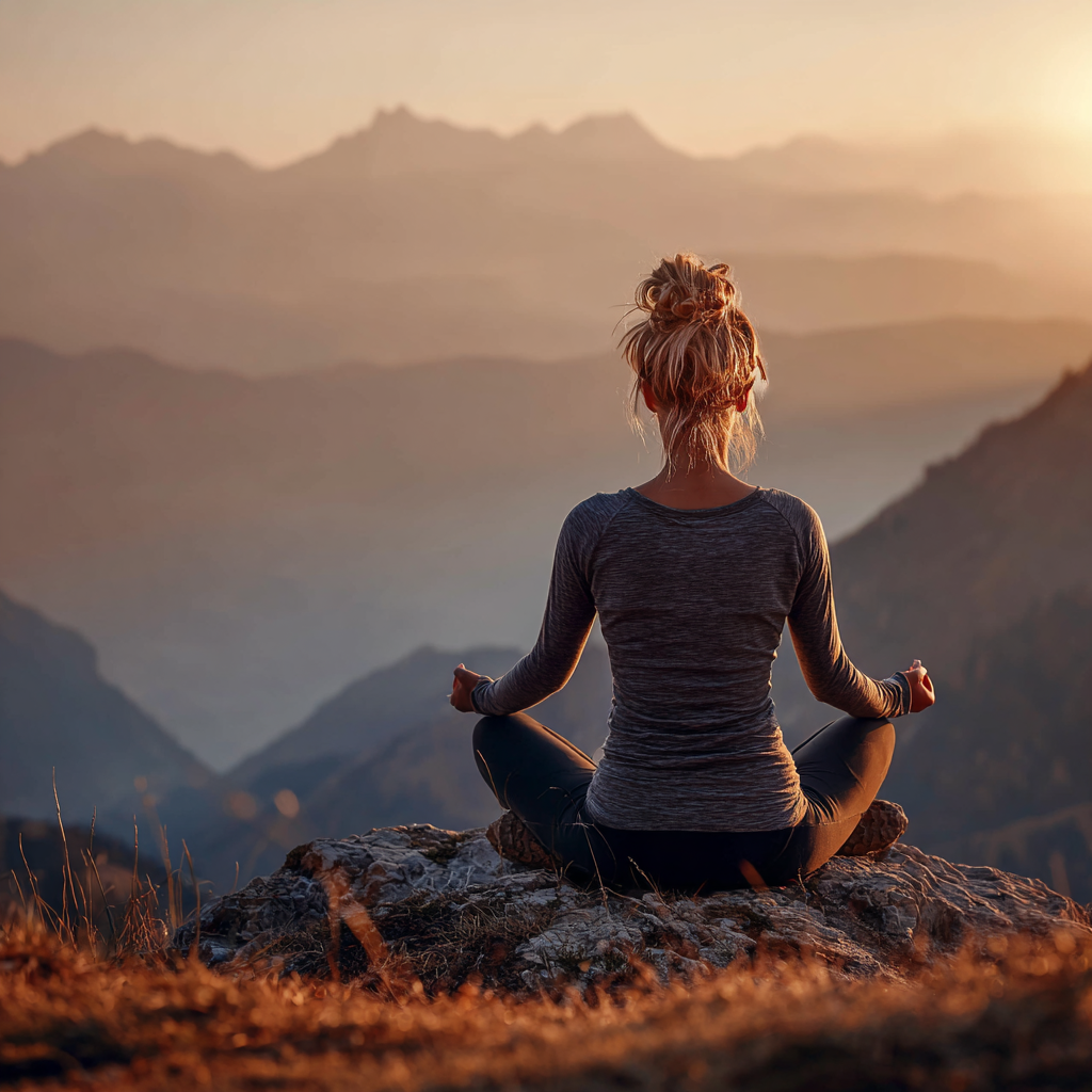 Peaceful woman practicing mindful yoga meditation in serene mountain setting